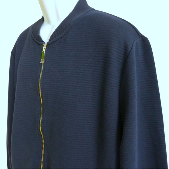 Magaschoni Man Full Zip Bomber Sweater Jacket Navy Ribbed Knit Snap Pockets L - Picture 3 of 9